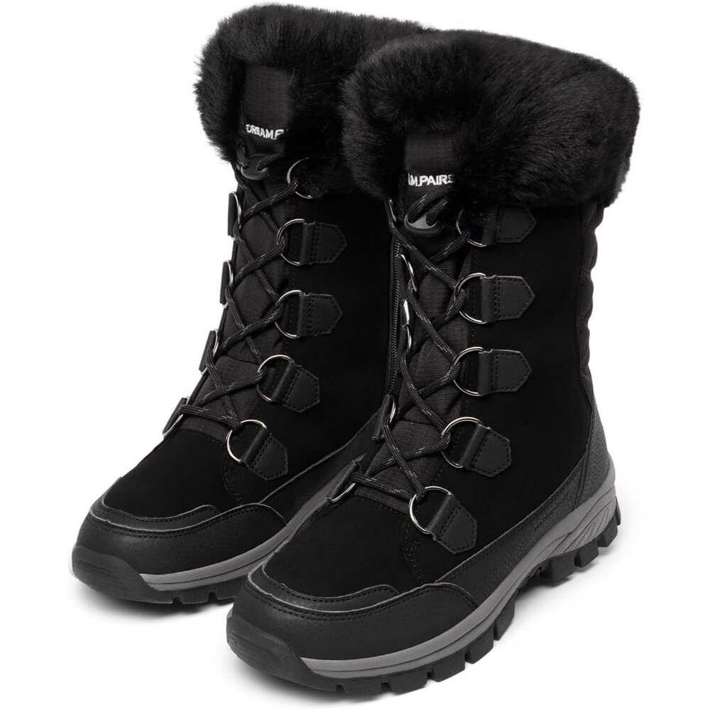 Women’s Black Waterproof Winter Snow Boots Warm Faux Fur Non Slip Mid Calf - Picture 2 of 8